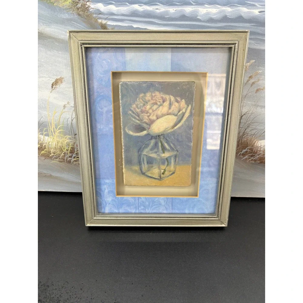 Floral Still Life Framed Tile Art Pink Flower in Glass Vase Silver Frame